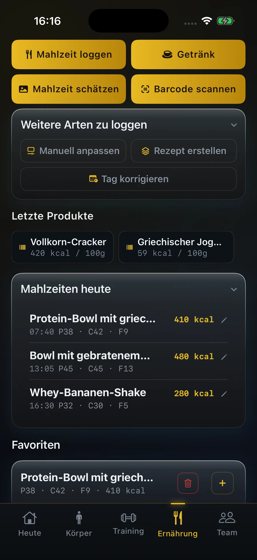 VAC App, Mahlzeiten- und Rezeptprotokoll