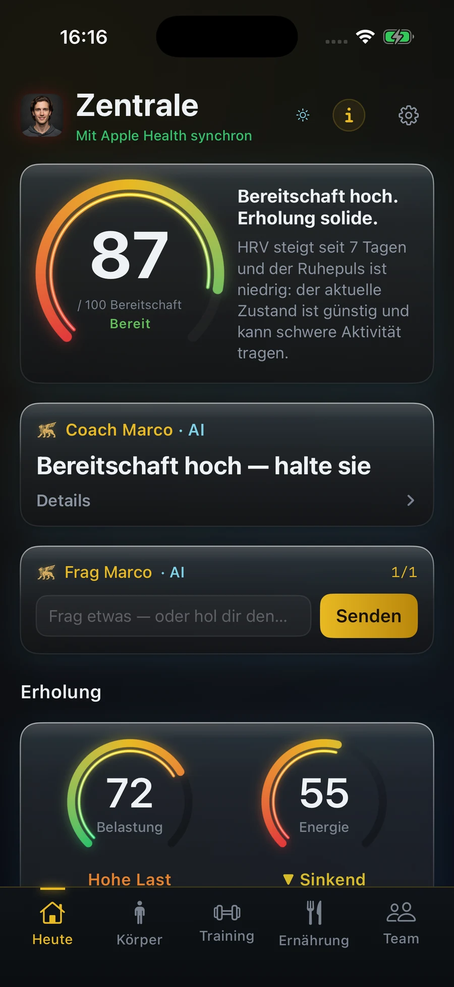 VAC app, schermata Oggi