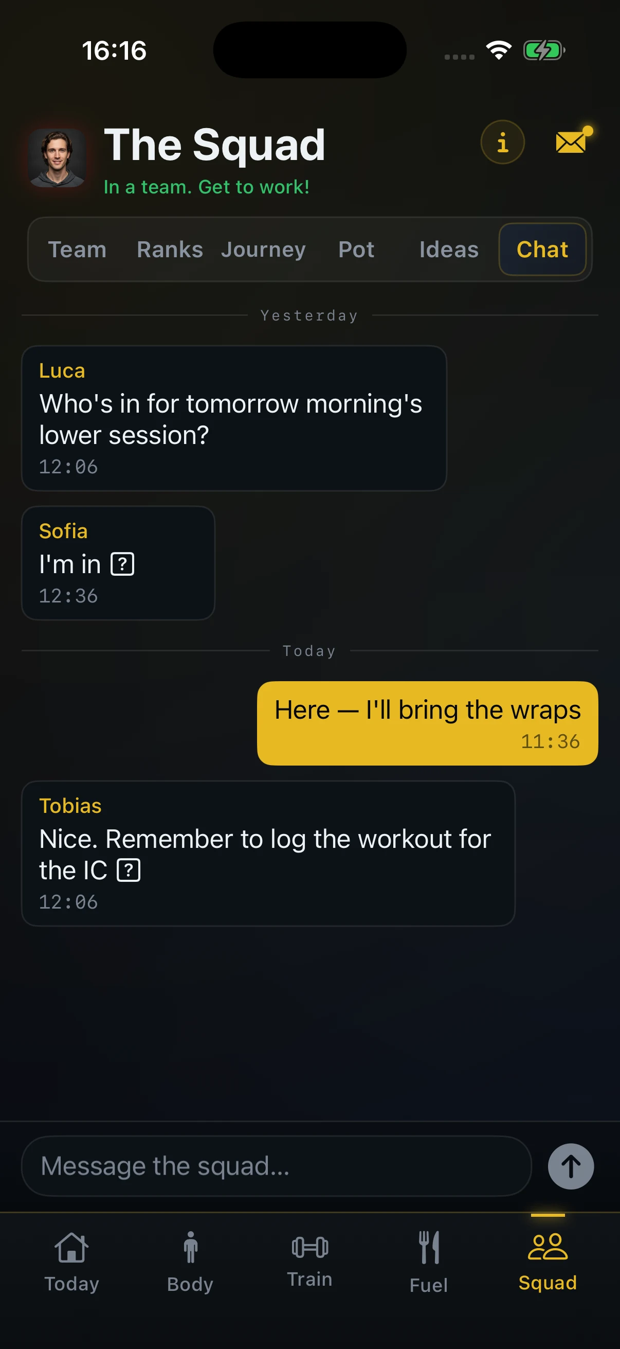App VAC, chat de grupo del equipo