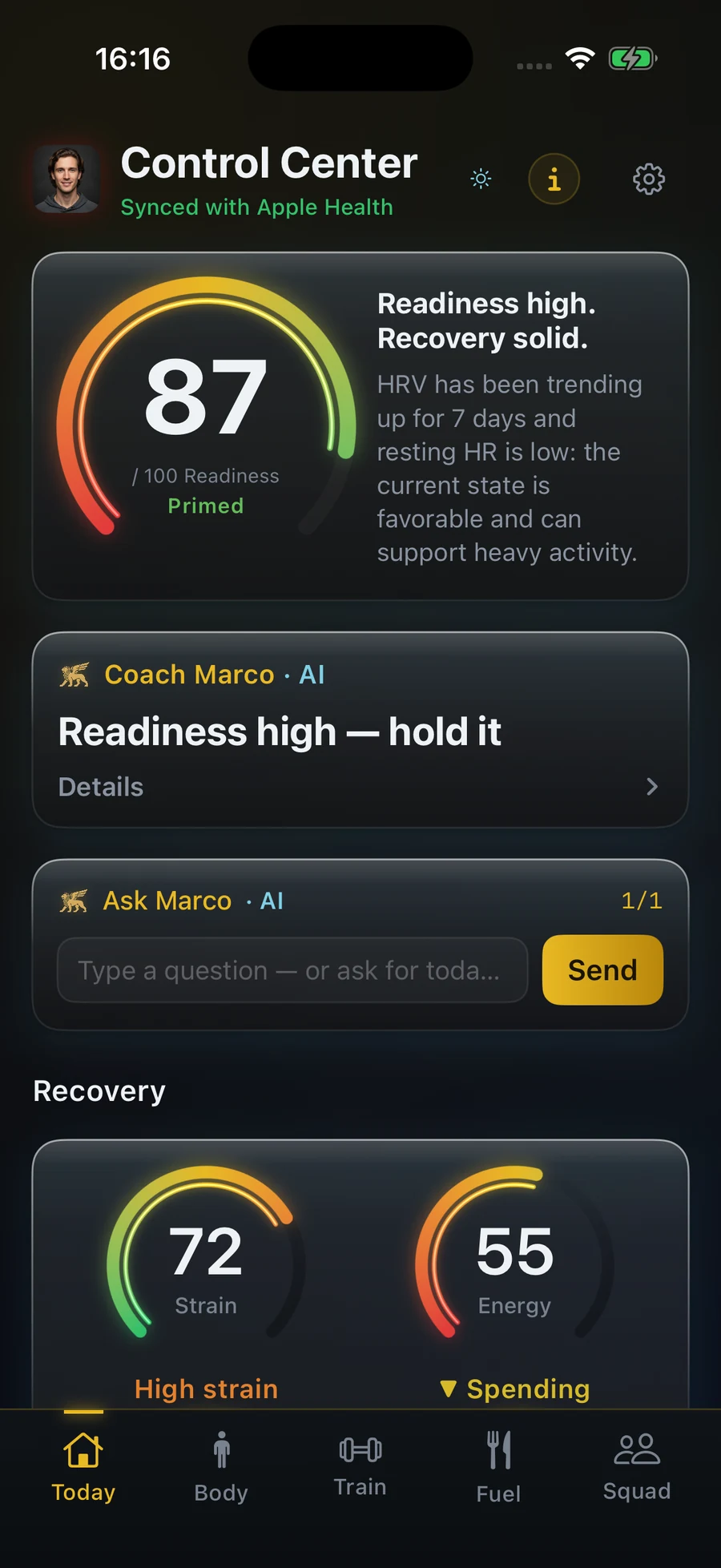 VAC app, schermata Oggi
