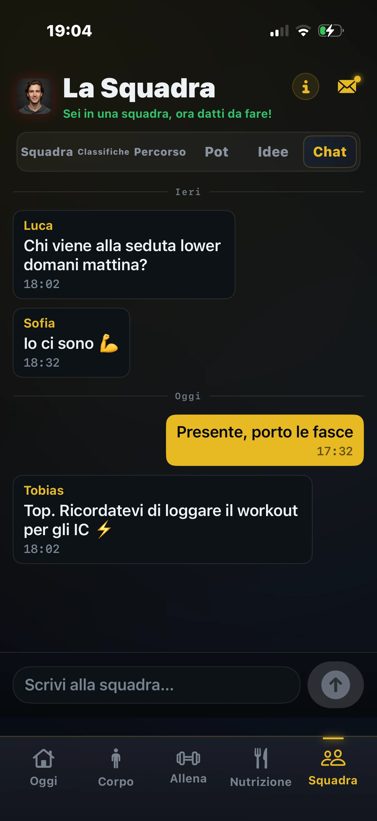 VAC app, chat di gruppo della squadra