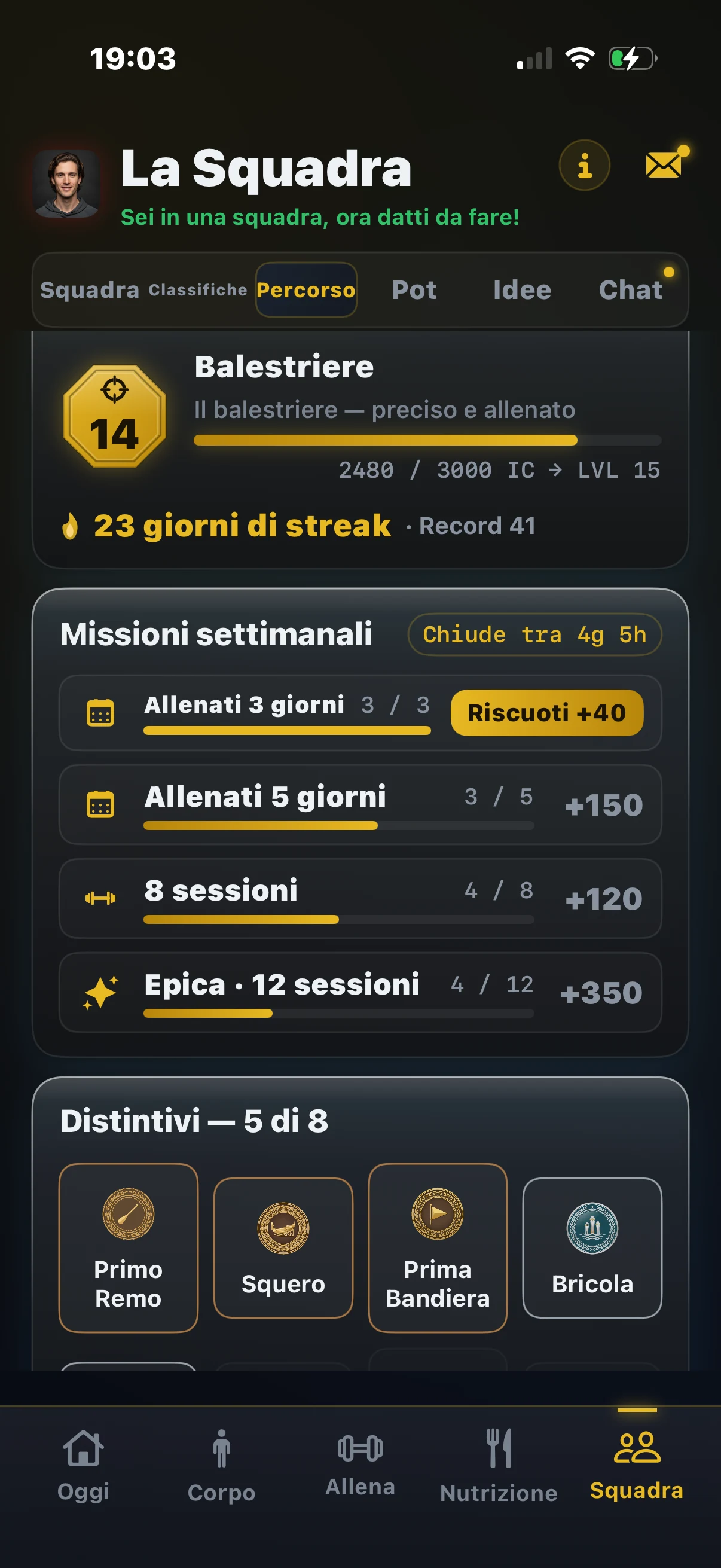 VAC app, percorso squadra con missioni, punti e distintivi