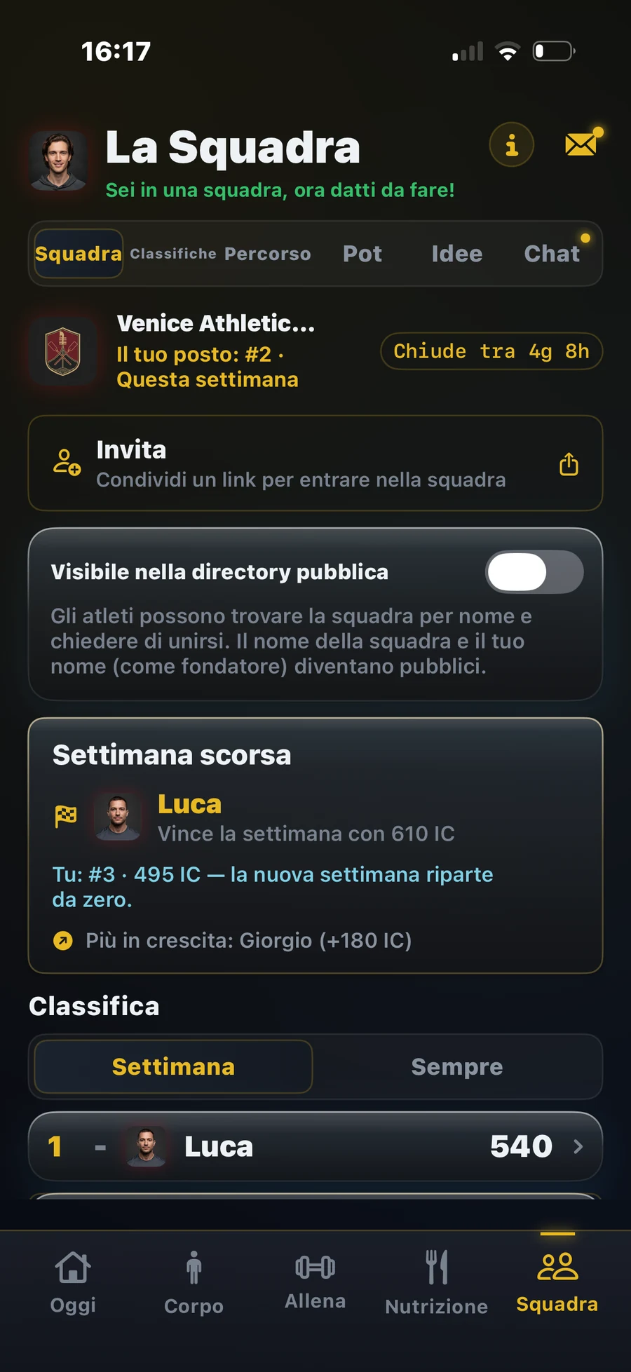 Squadra: governance, punti e chat