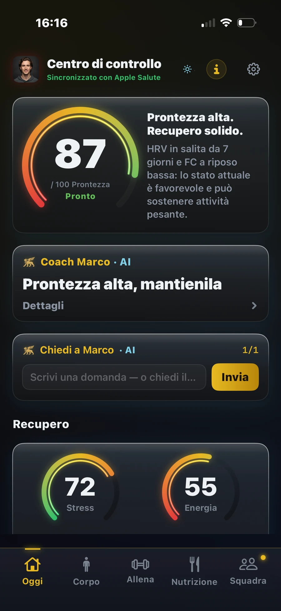 VAC app, schermata Oggi
